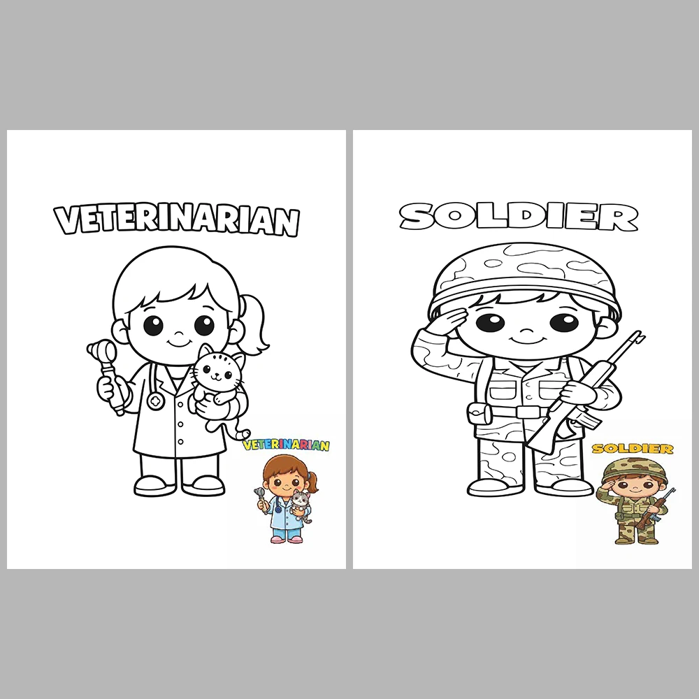 Professions Coloring Book with Cute Kawaii Characters / With Reference Images