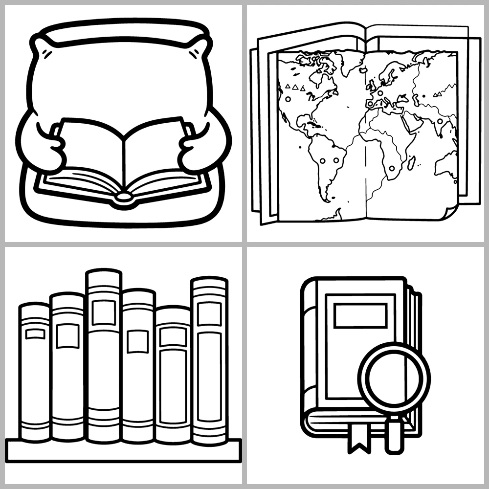A book- and reading-themed coloring book featuring bold lines, simple designs, and a cozy atmosphere.