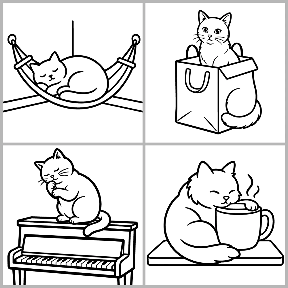 A cute cat-themed coloring book featuring bold lines and simple designs.