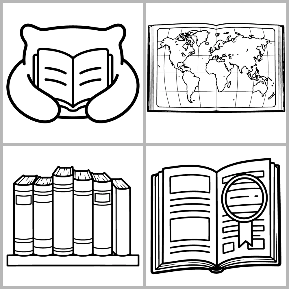 A book- and reading-themed coloring book featuring bold outlines and simple designs.