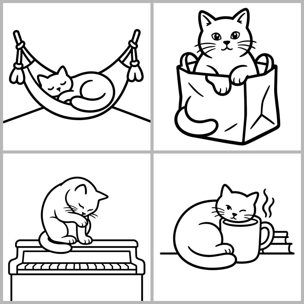 A cat-themed coloring book featuring bold lines and simple designs.