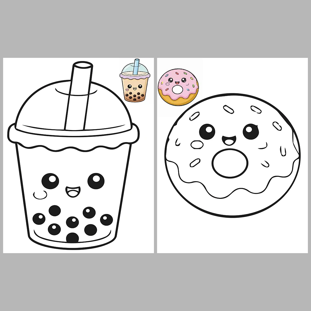 Kawaii-Style Cute Snacks Coloring Pages / With Reference Image