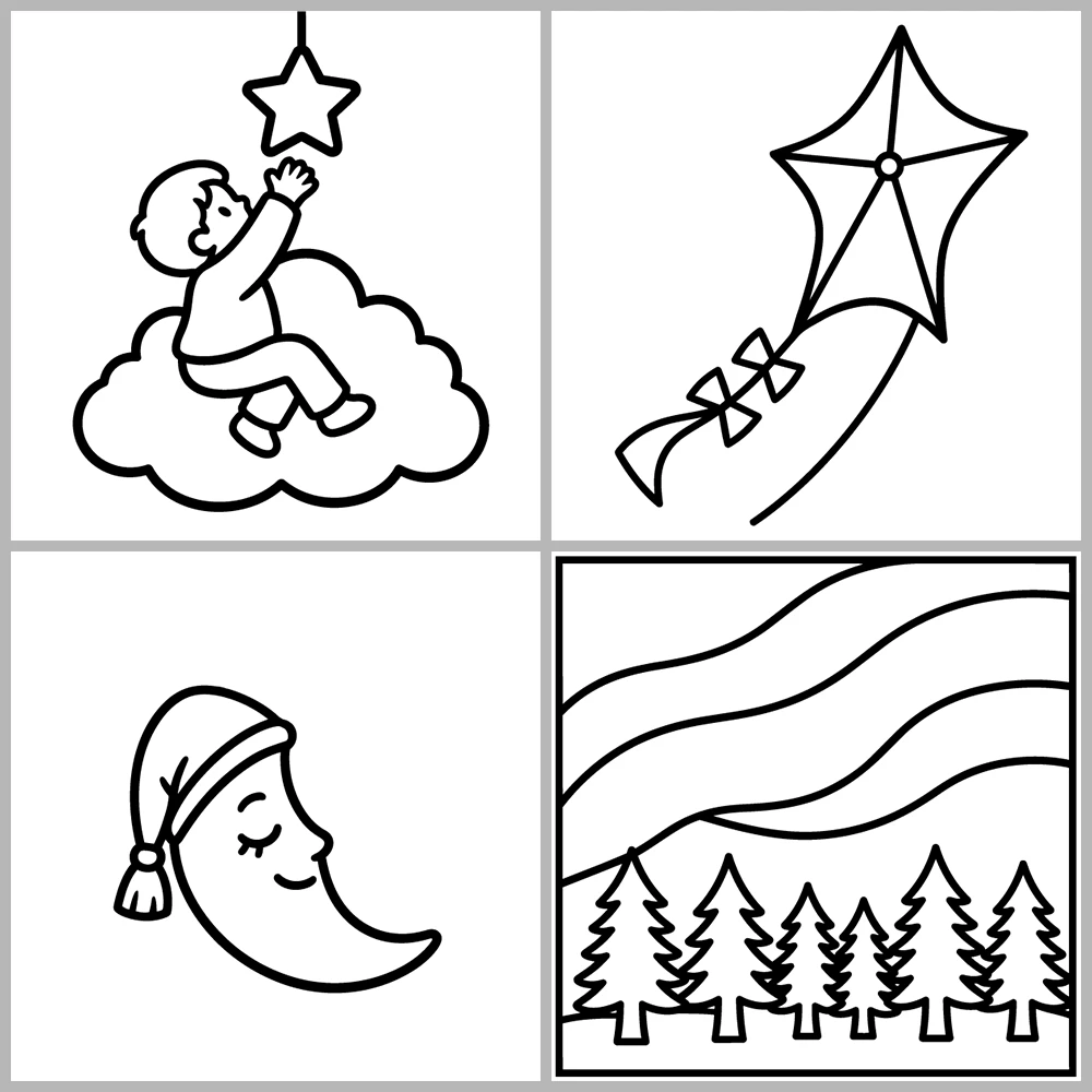 A “warm, celestial, and dreamlike” coloring book featuring bold lines and simple designs.