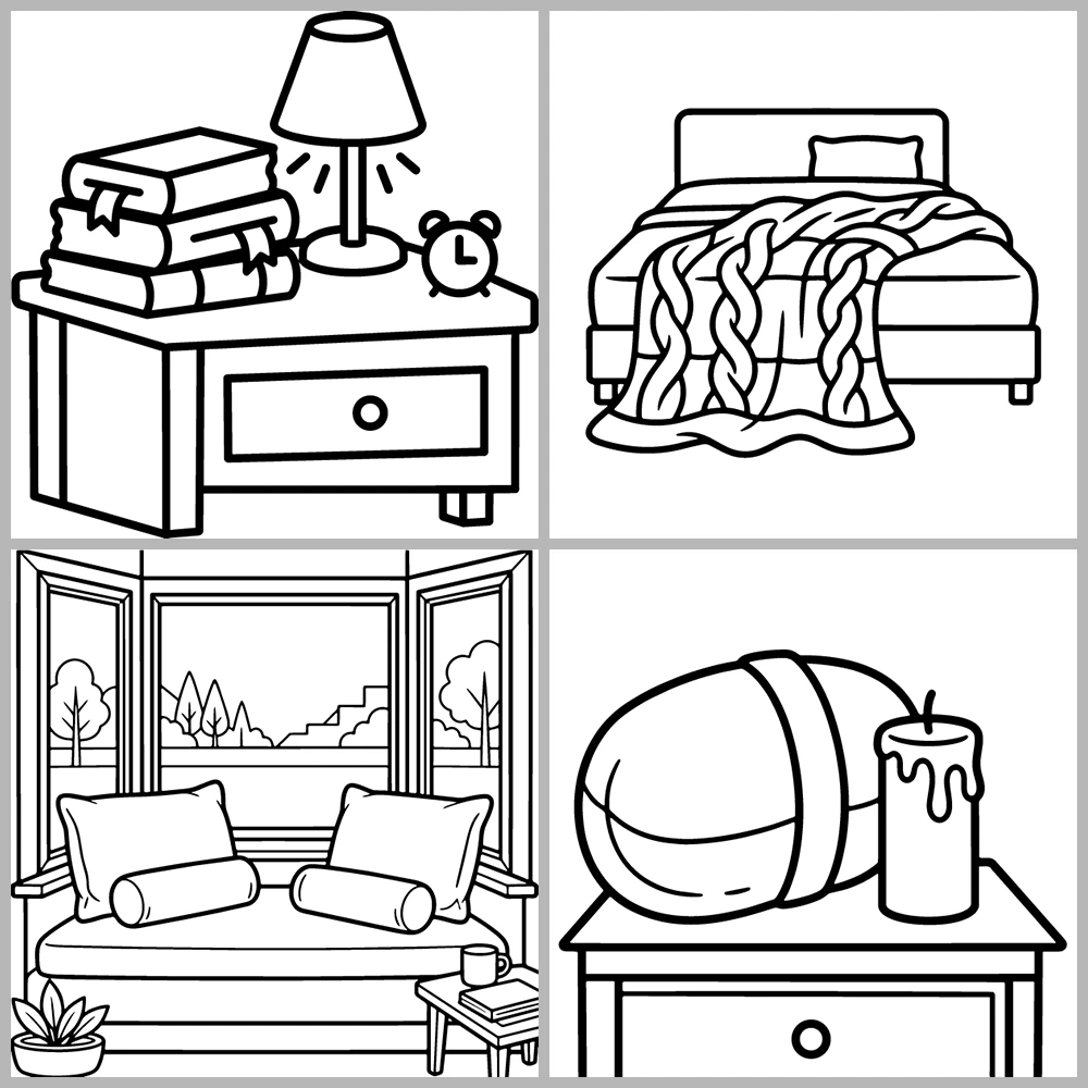 Bedroom and Sleep Themed Coloring Book with Bold Lines and Simple Designs.