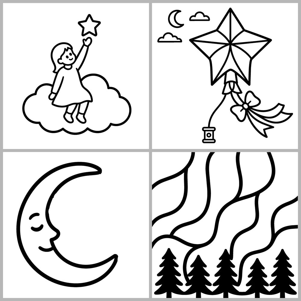 A “celestial and dreamlike” coloring book featuring bold lines and simple designs.