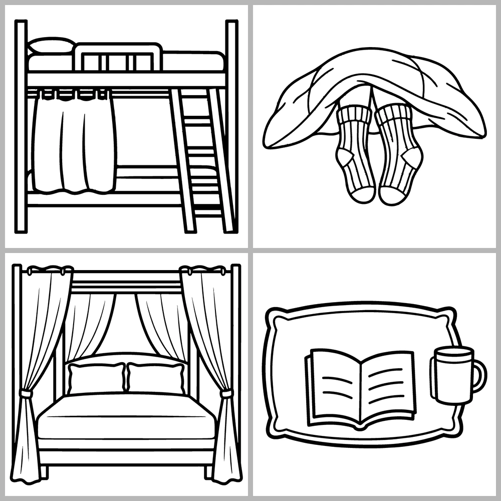 Bedroom and Sleep-Themed Coloring Book with Bold Lines and Simple Designs.