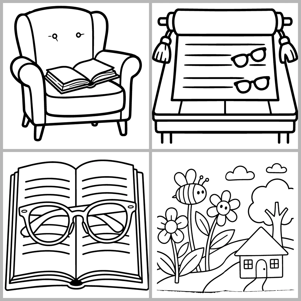 A book- and reading-themed coloring book featuring bold lines, simple designs, and a cozy atmosphere.