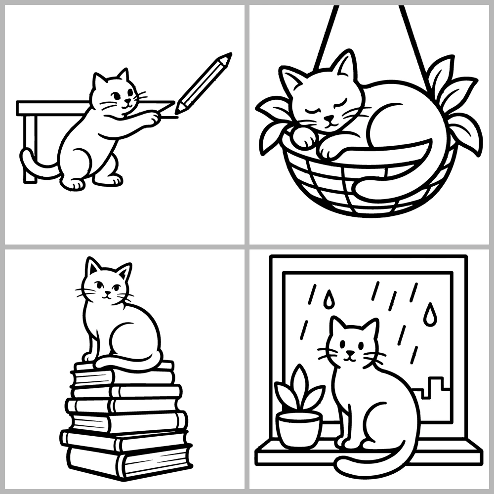 A cute cat-themed coloring book featuring bold lines and simple designs.
