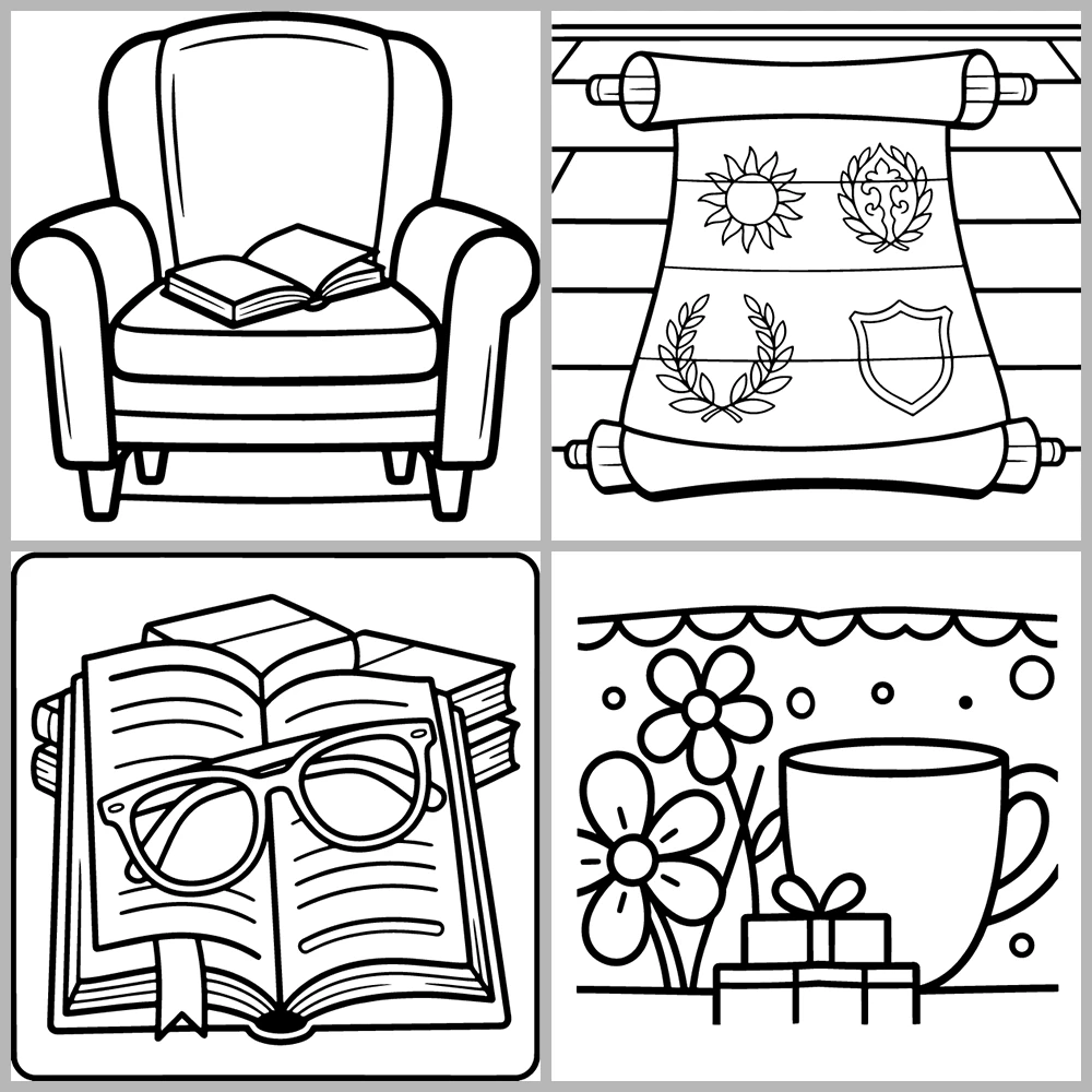 A book- and reading-themed coloring book featuring bold outlines and simple designs.