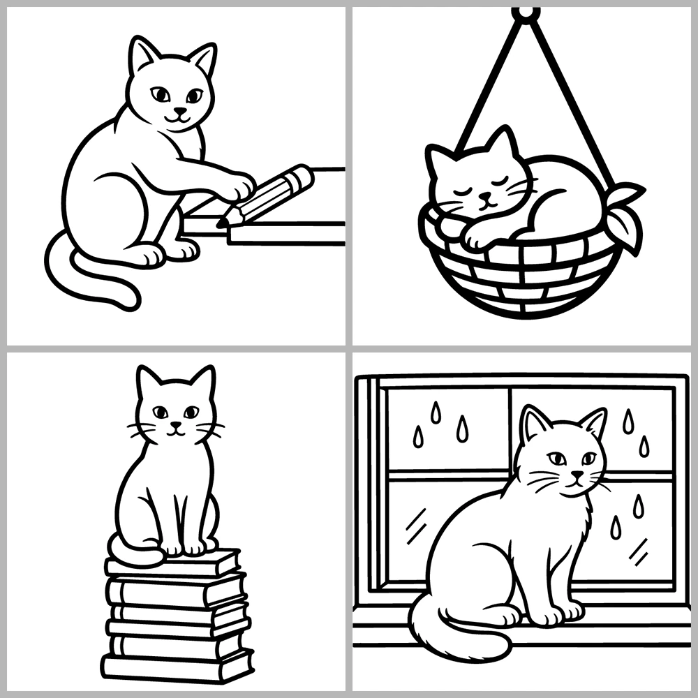 A cat-themed coloring book featuring bold lines and simple designs.