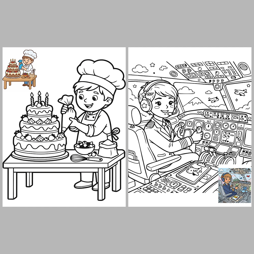 Professions Coloring Book with Cute Cartoon Characters