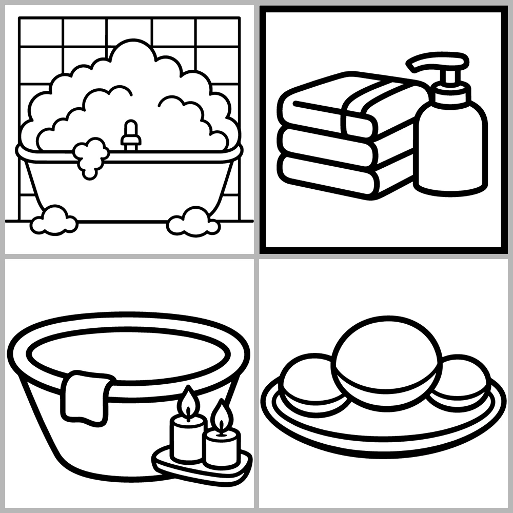 Bathroom and Spa Coloring Book with Bold Lines and Simple Designs.