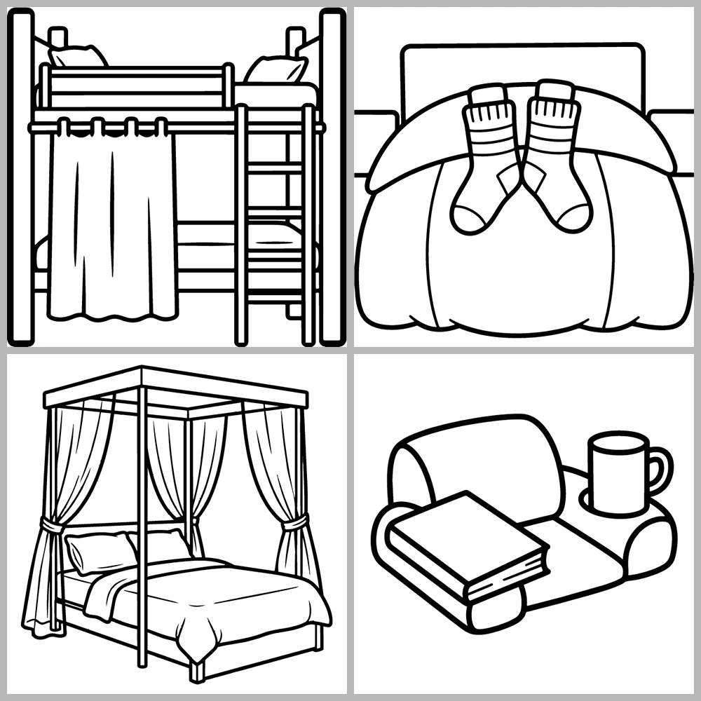 Bedroom and Sleep Themed Coloring Book with Bold Lines and Simple Designs.