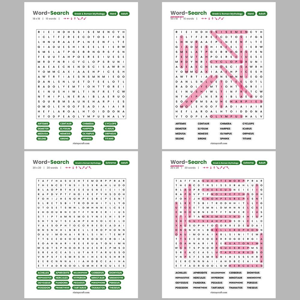 Word Search – Greek & Roman Mythology – Rivers of the World – Themes