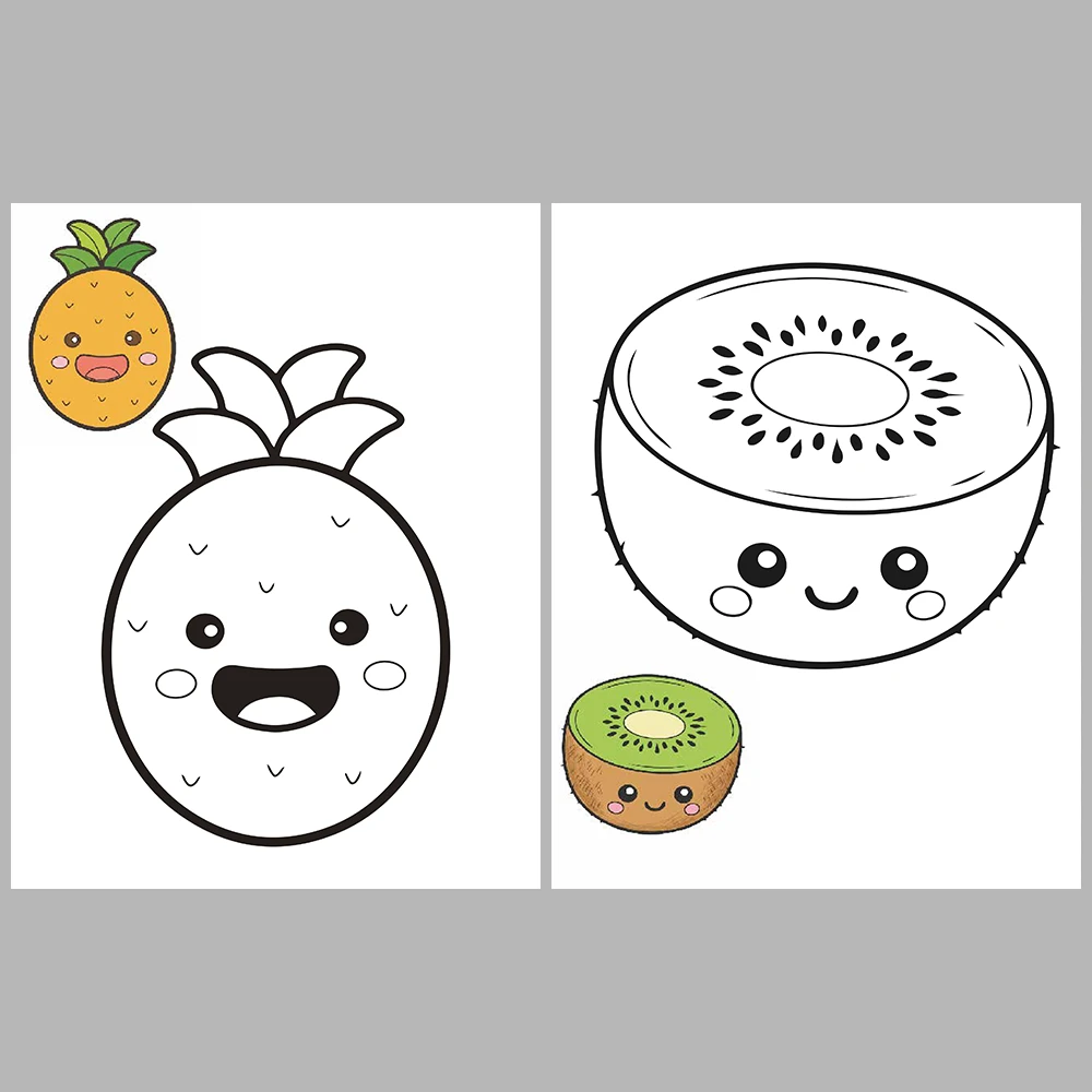 Cute Kawaii-Style Fruit Coloring Pages / With Reference Image