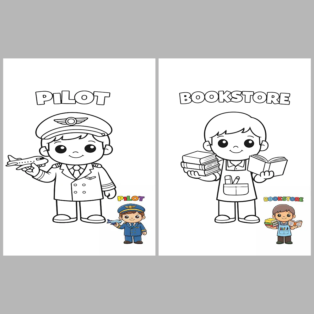 Professions Coloring Book with Cute Kawaii Characters / With Reference Images