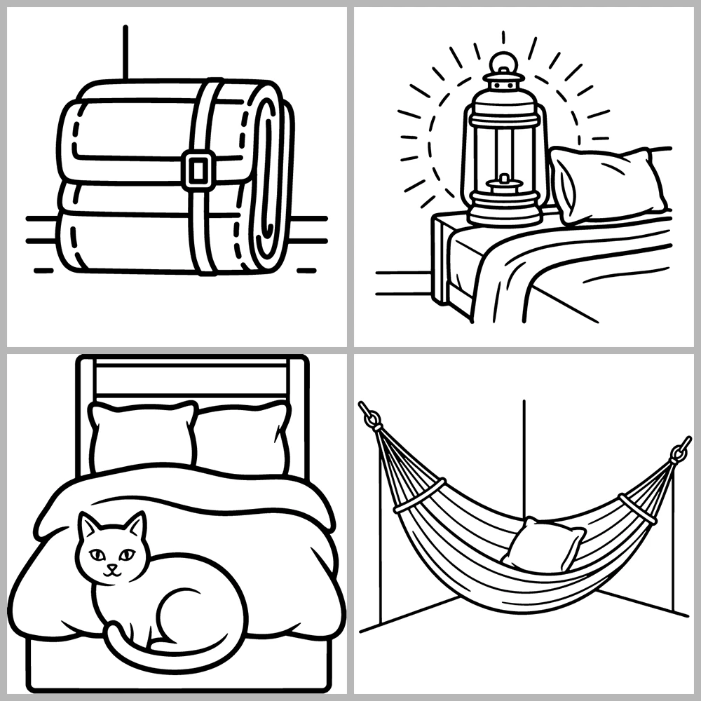 Bedroom and Sleep-Themed Coloring Book with Bold Lines and Simple Designs.