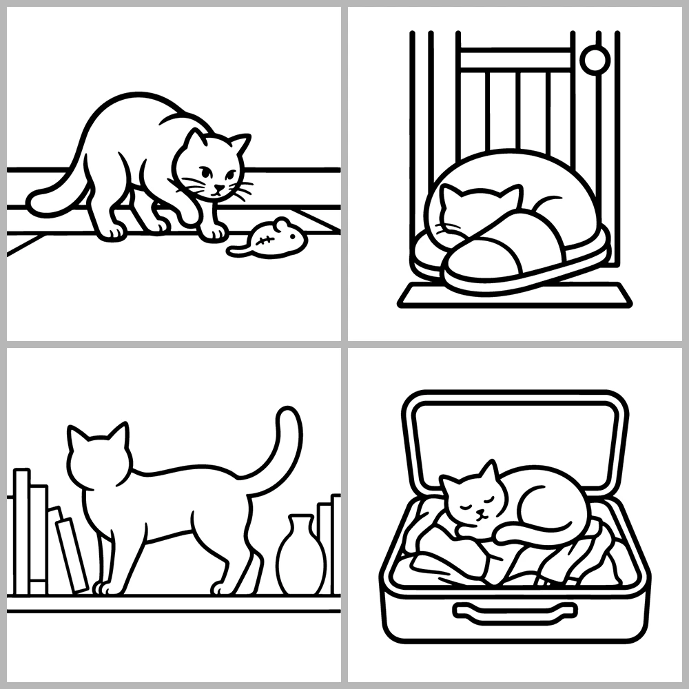 A cute cat-themed coloring book featuring bold lines and simple designs.