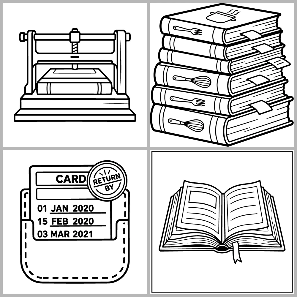 A book- and reading-themed coloring book featuring bold outlines and simple designs.