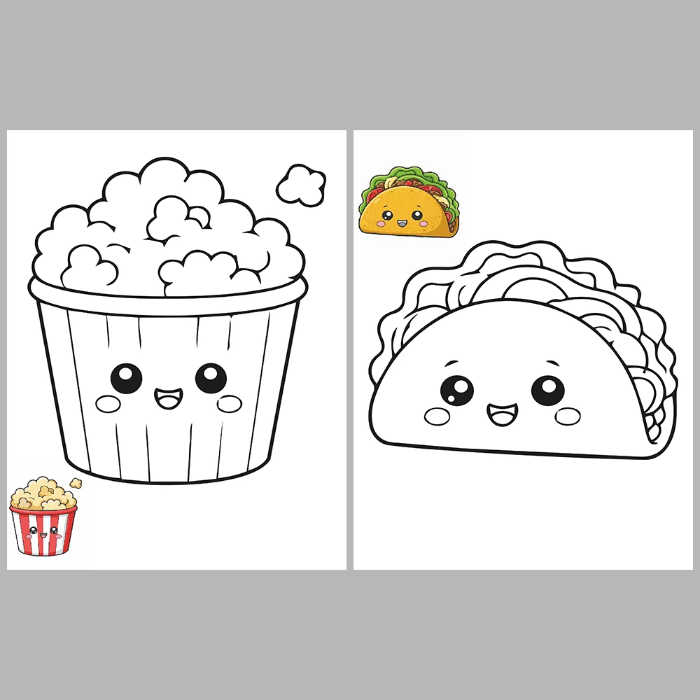 Kawaii-Style Cute Snacks Coloring Pages / With Reference Image