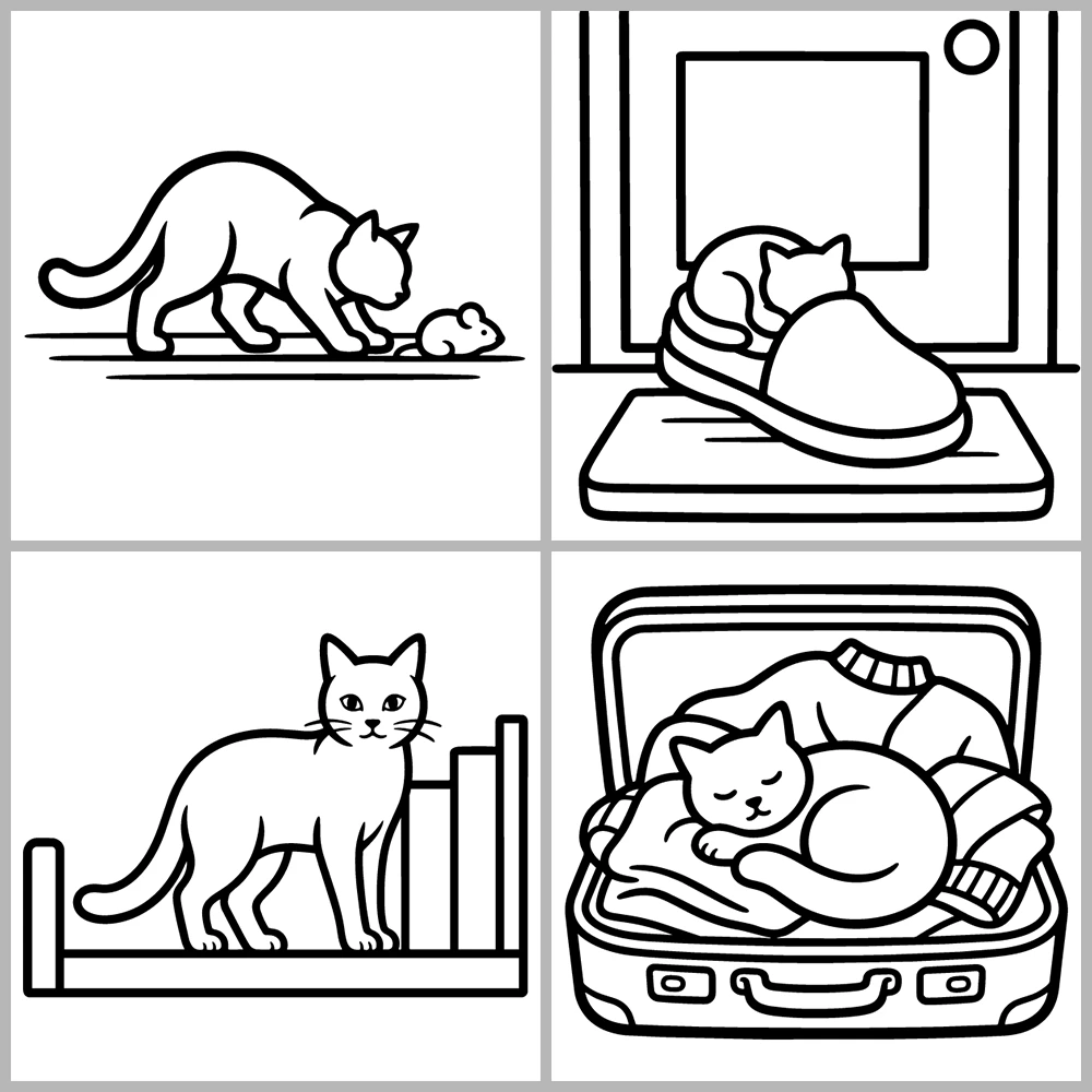 A cat-themed coloring book featuring bold lines and simple designs.