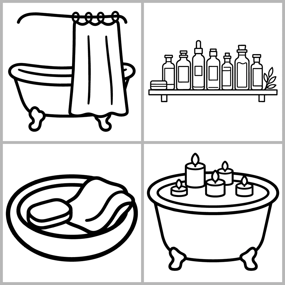 Bathroom and Spa Coloring Book with Bold Lines and Simple Designs.