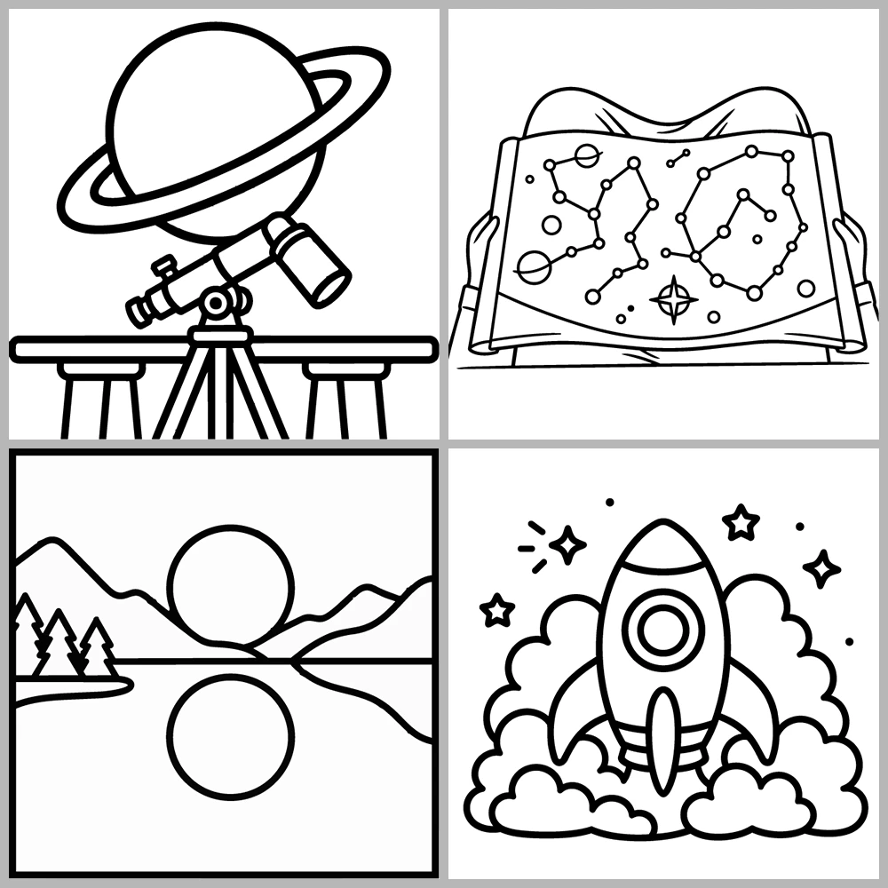 A “warm, celestial, and dreamlike” coloring book featuring bold lines and simple designs.