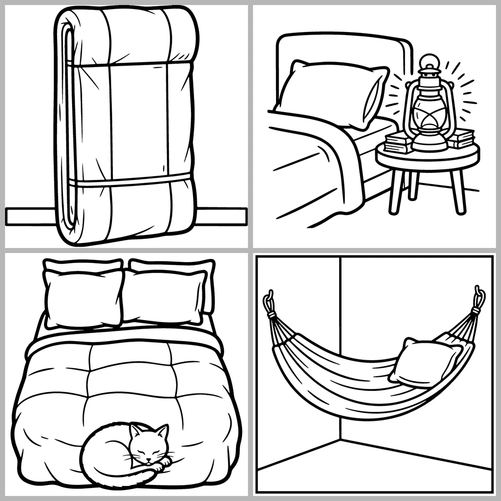 Bedroom and Sleep Themed Coloring Book with Bold Lines and Simple Designs.