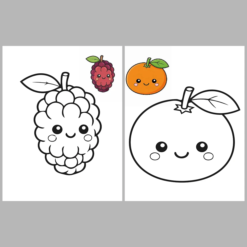 Cute Kawaii-Style Fruit Coloring Pages / With Reference Image