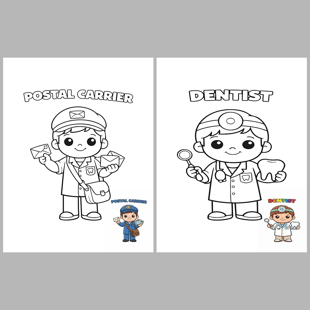 Professions Coloring Book with Cute Kawaii Characters / With Reference Images