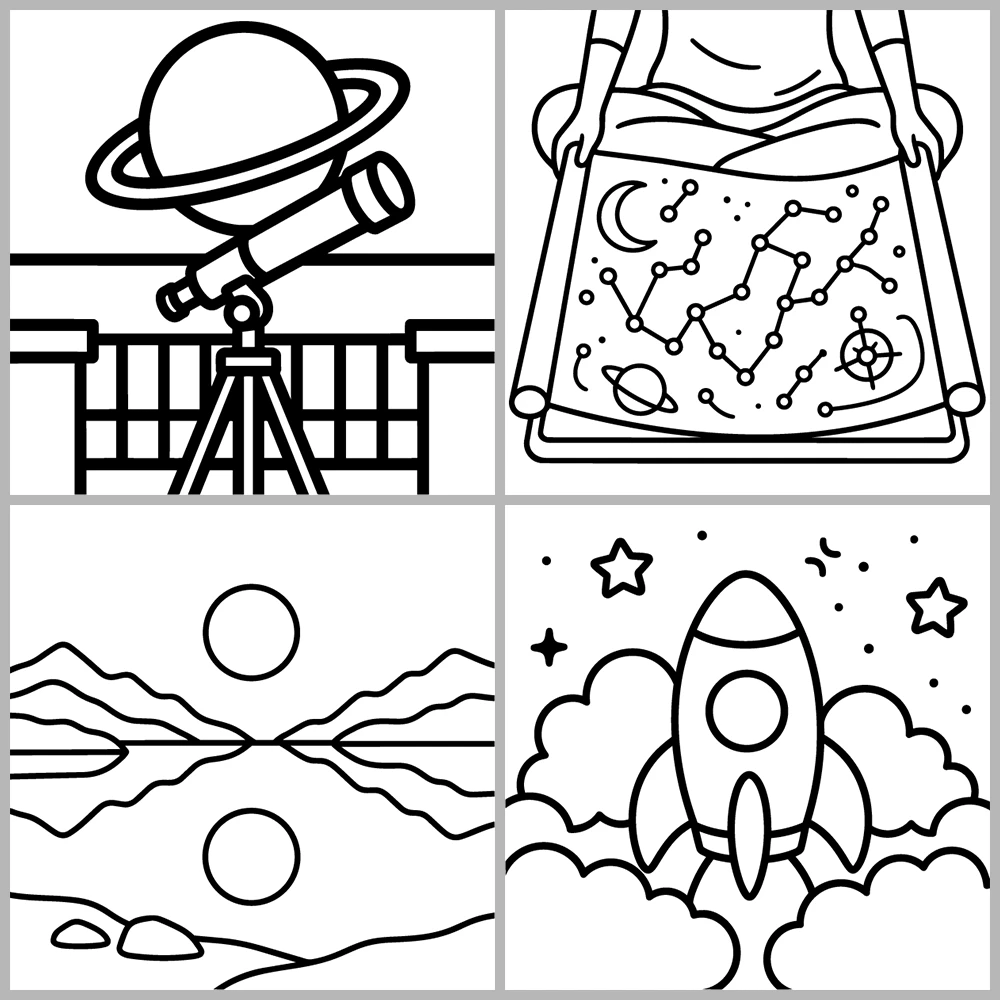A “celestial and dreamlike” coloring book featuring bold lines and simple designs.