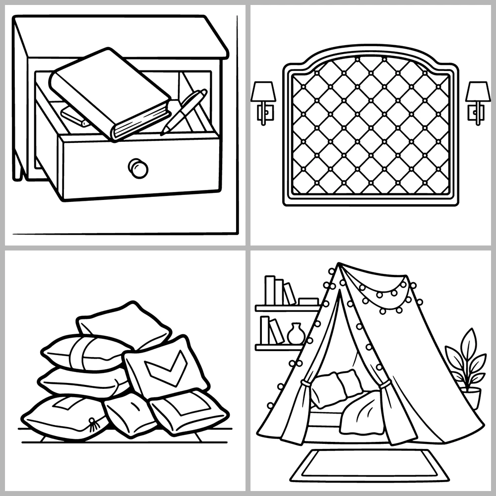 Bedroom and Sleep-Themed Coloring Book with Bold Lines and Simple Designs.