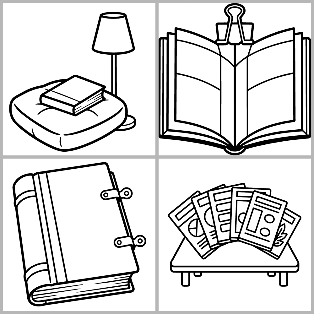 A book- and reading-themed coloring book featuring bold lines, simple designs, and a cozy atmosphere.
