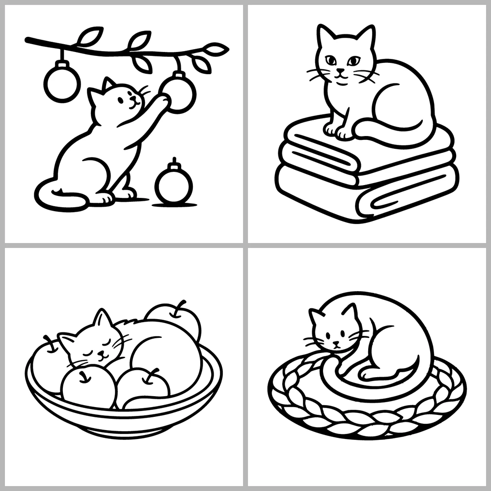 A cute cat-themed coloring book featuring bold lines and simple designs.