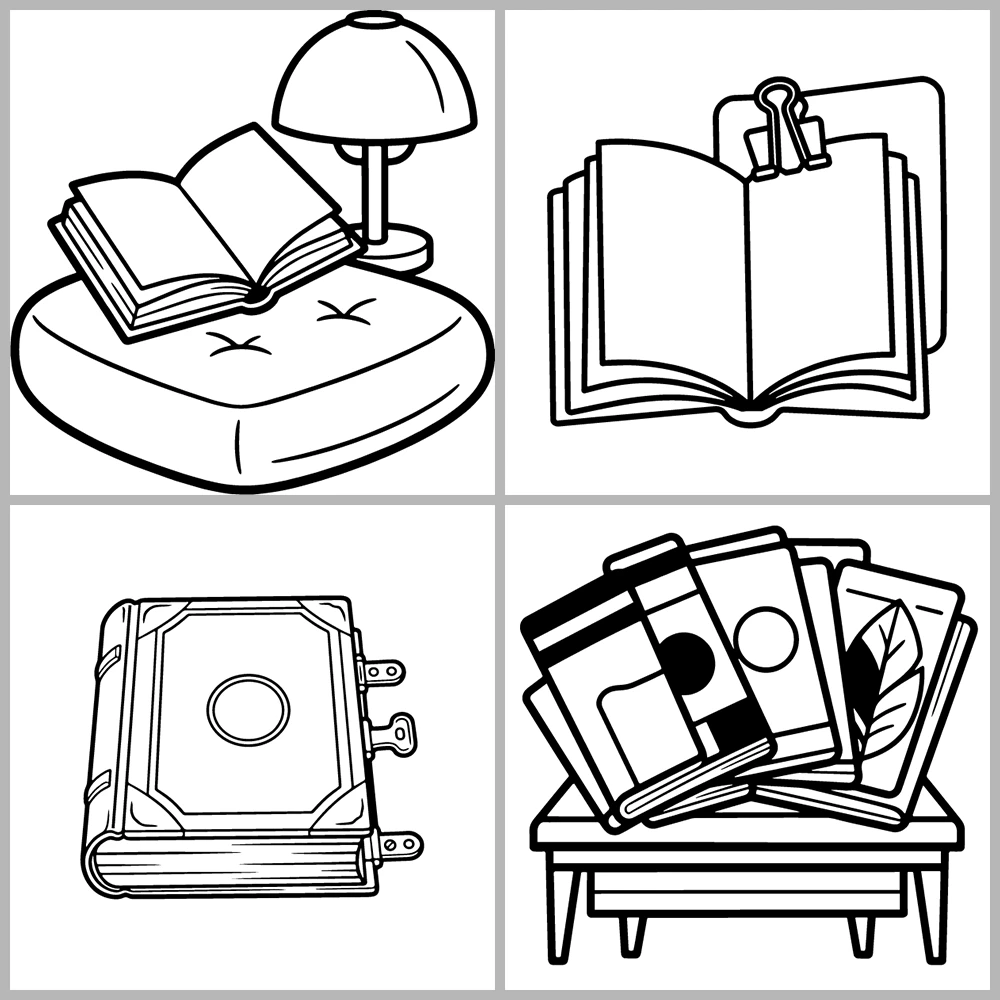 A book- and reading-themed coloring book featuring bold outlines and simple designs.