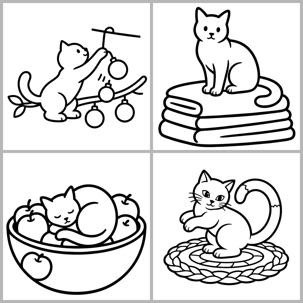 A cat-themed coloring book featuring bold lines and simple designs.