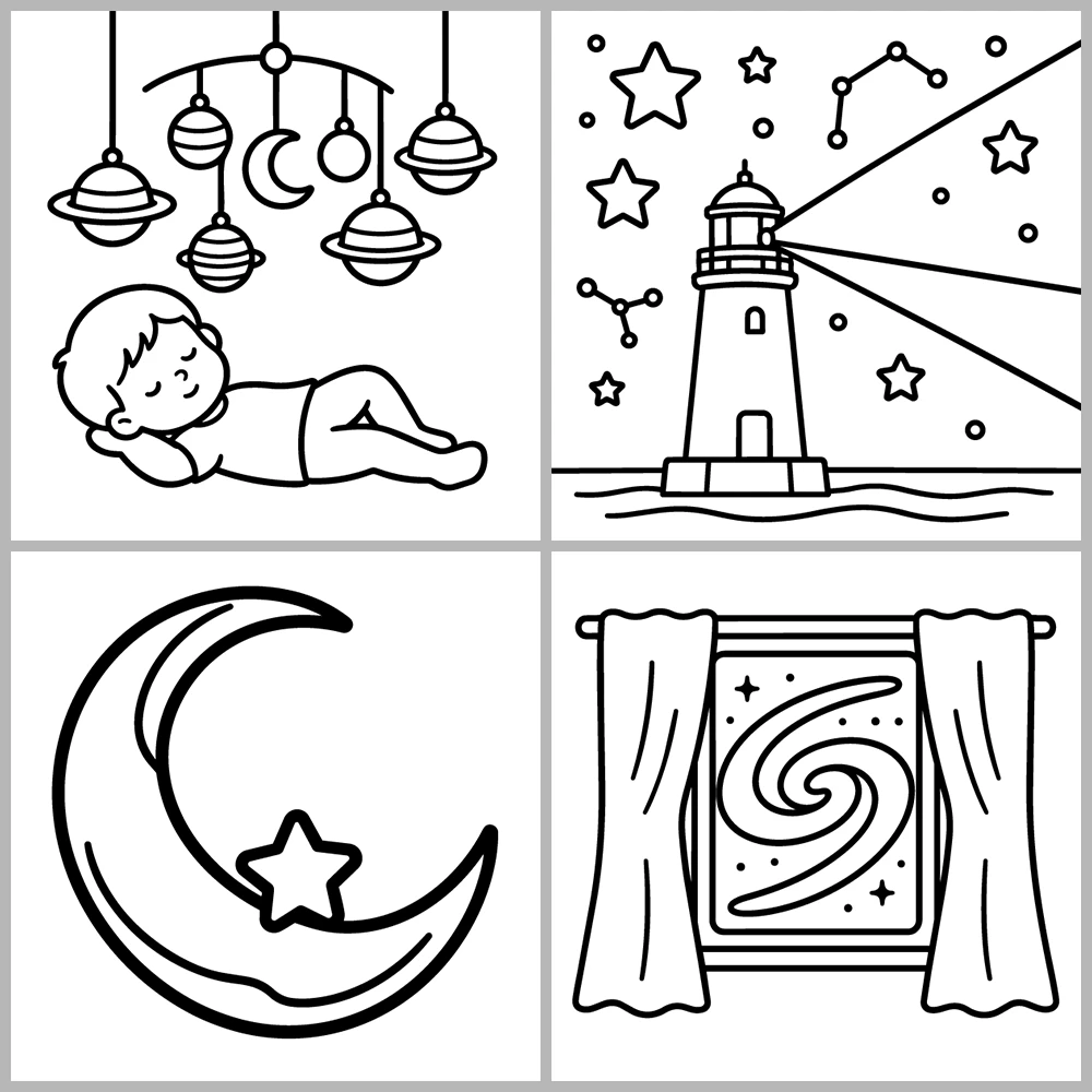 A “warm, celestial, and dreamlike” coloring book featuring bold lines and simple designs.