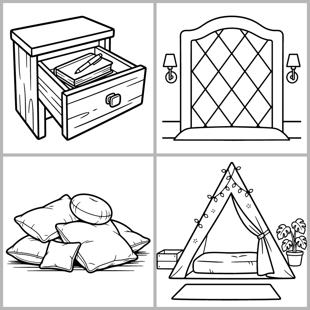 Bedroom and Sleep Themed Coloring Book with Bold Lines and Simple Designs.