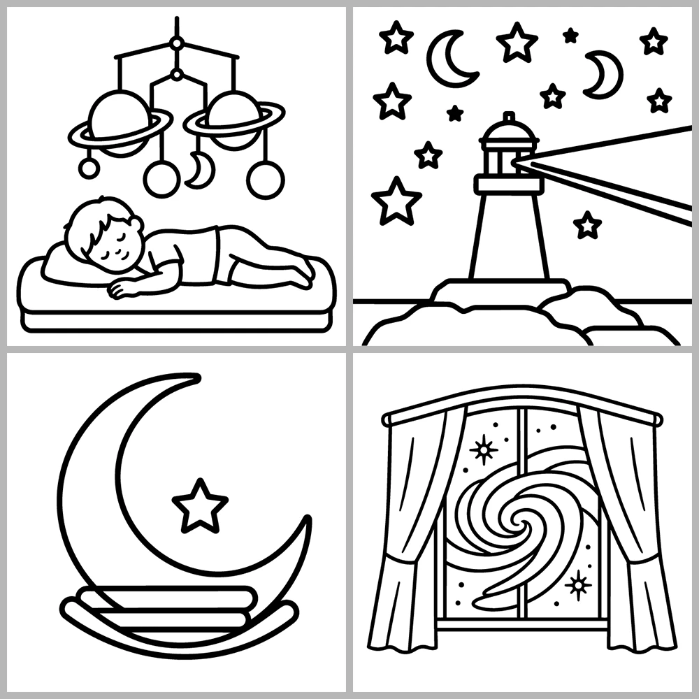 A “celestial and dreamlike” coloring book featuring bold lines and simple designs.