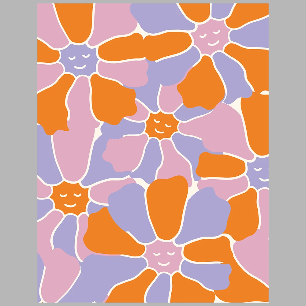 orange and purple/lilac-themed posters