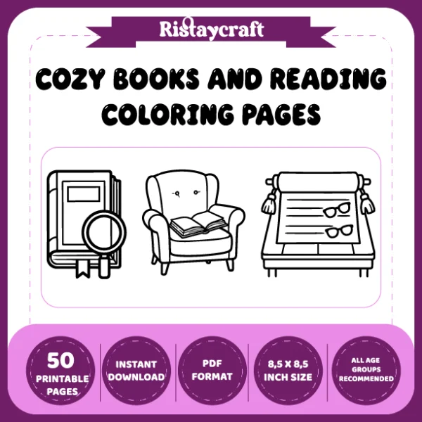 A book- and reading-themed coloring book featuring bold lines, simple designs, and a cozy atmosphere.