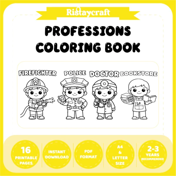 Professions Coloring Book with Cute Kawaii Characters / With Reference Images