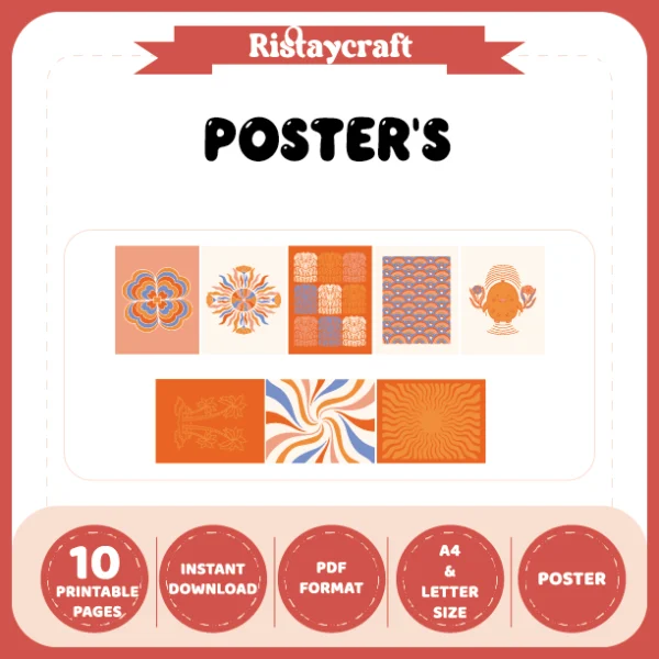 orange, blue, and beige themed posters