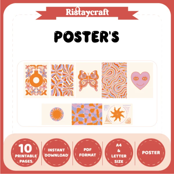 orange and purple/lilac-themed posters