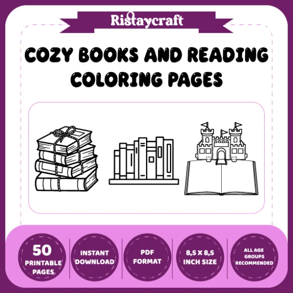 A book- and reading-themed coloring book featuring bold outlines and simple designs.