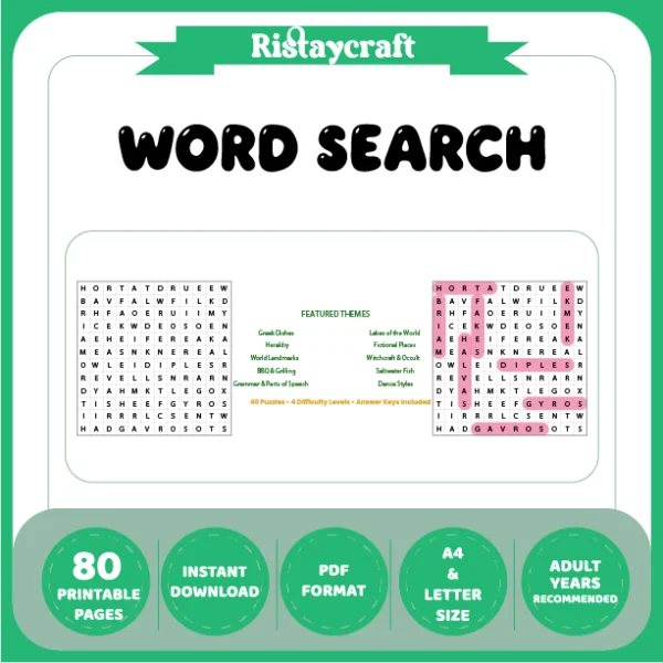 Word Puzzle – Greek Dishes – Lakes of the World – Themes