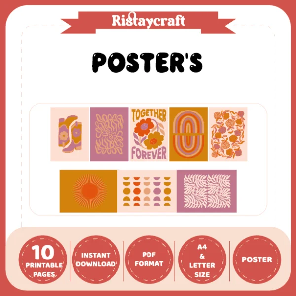 orange, pink, and purple posters