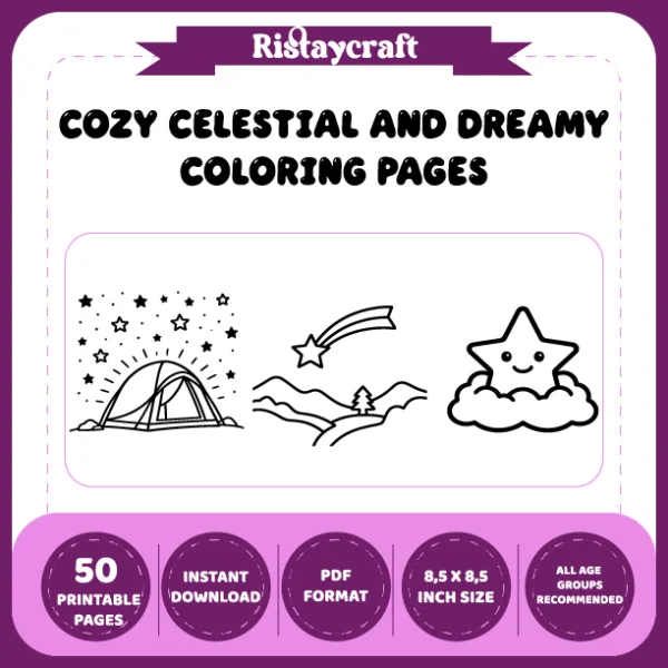 A “warm, celestial, and dreamlike” coloring book featuring bold lines and simple designs.