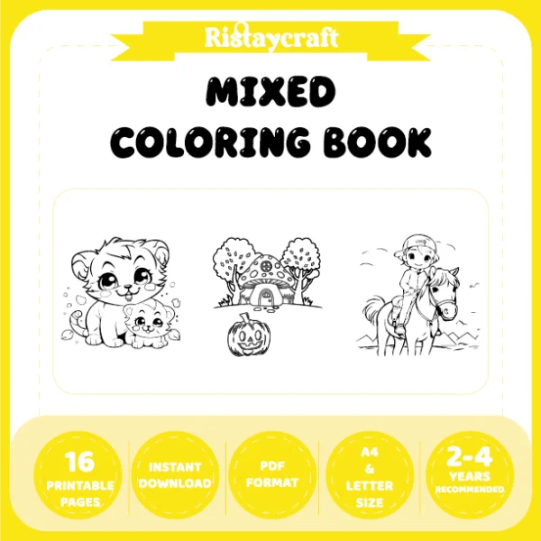 Mixed coloring pages for children aged 2/4 – With reference images (Vol. 1)