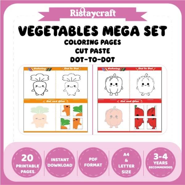 Vegetables Mega Set Coloring Pages Cut Paste Dot-to-dot